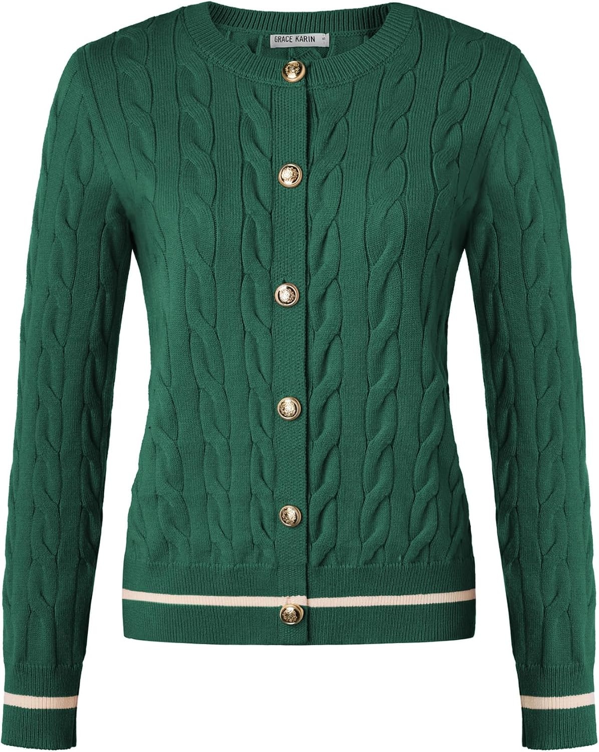image:imageGRACE KARIN Womens Button Up Cable Knit Cardigan Sweaters Fall Outfits 2026Deep Green Beige Striped