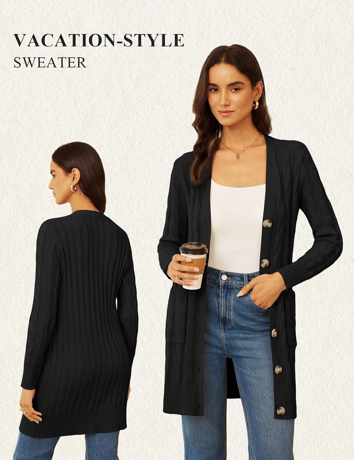 image:imageGRACE KARIN Womens Cable Knit Sweater Button Long Chunky CardiganBlack