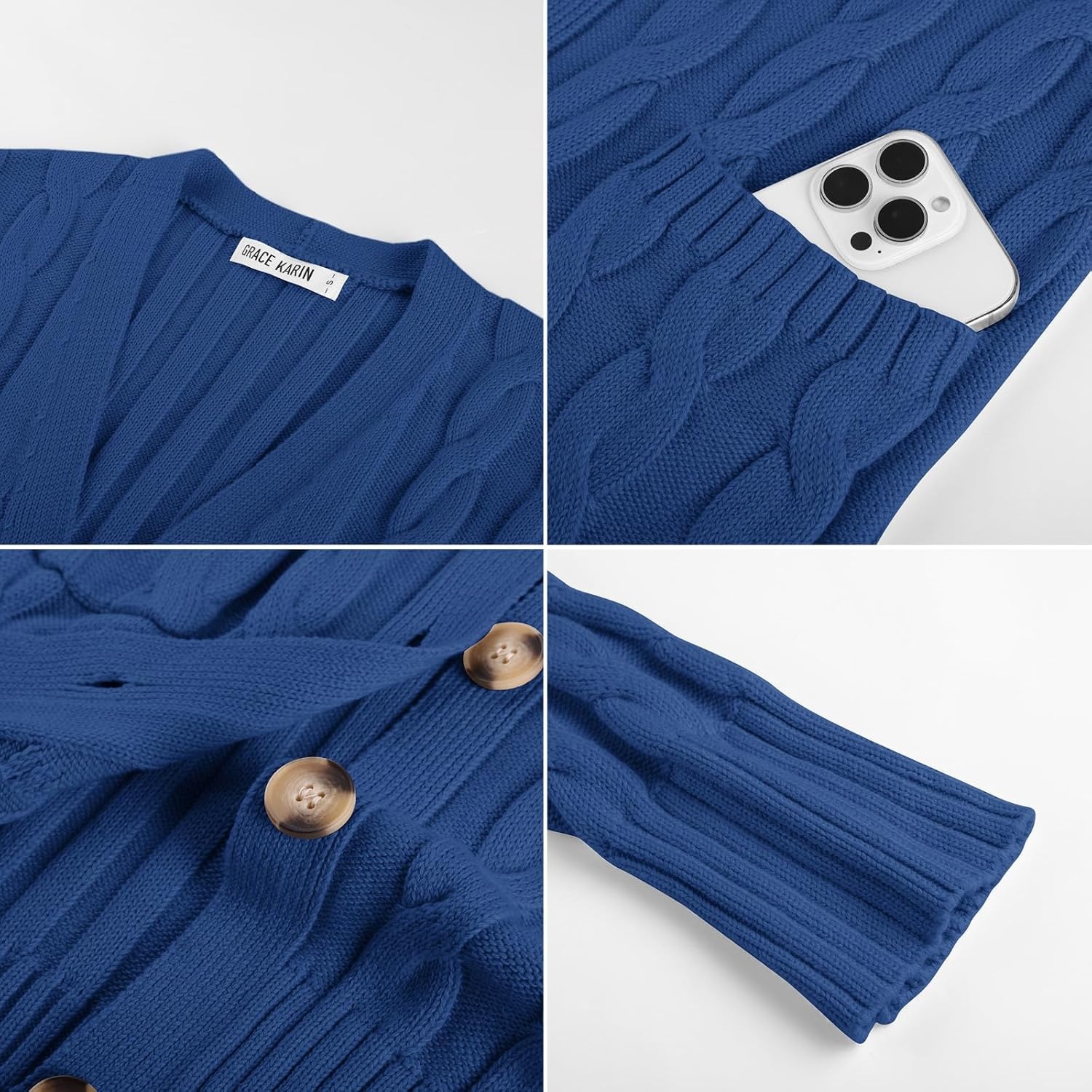 image:imageGRACE KARIN Womens Cable Knit Sweater Button Long Chunky CardiganBlue