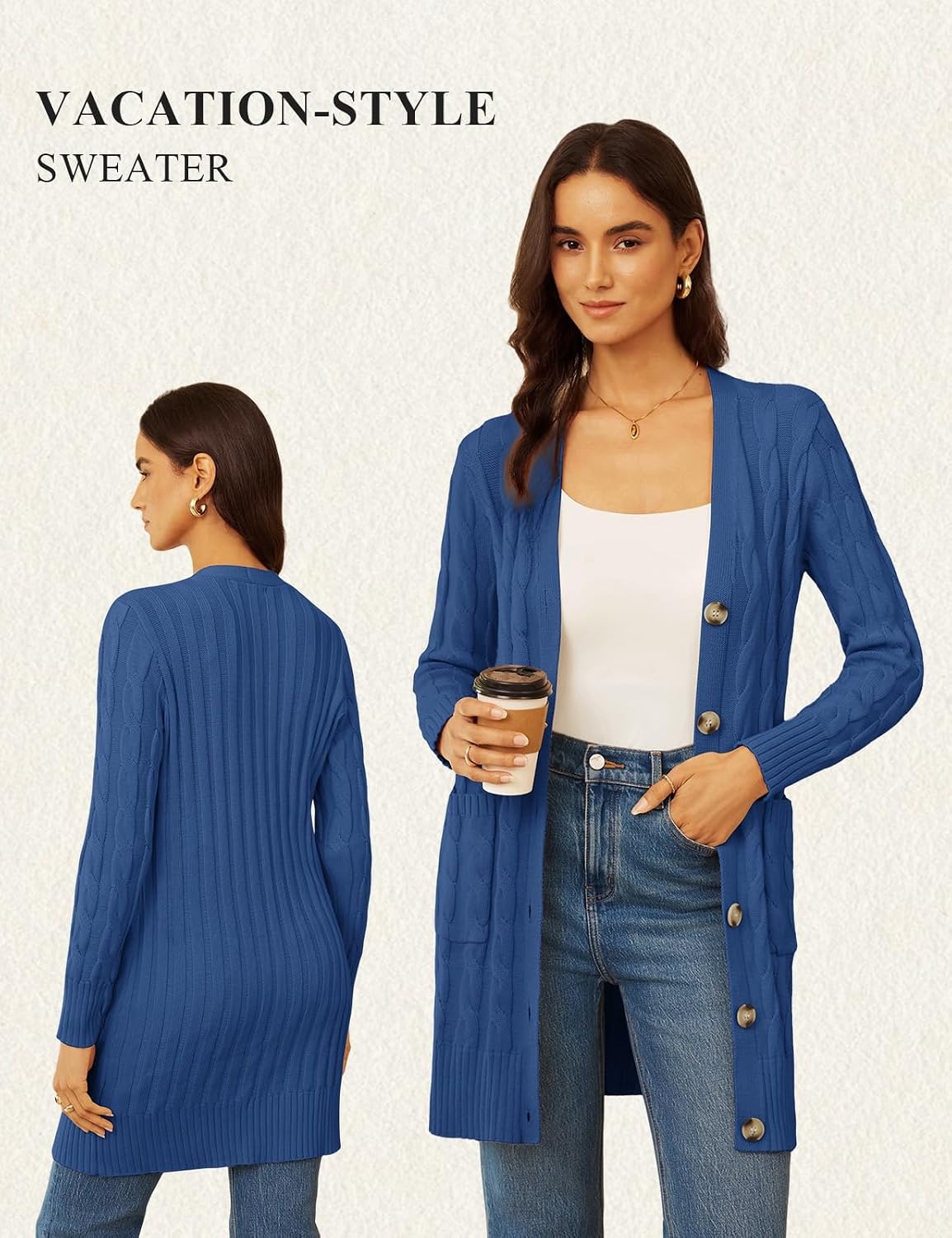 image:imageGRACE KARIN Womens Cable Knit Sweater Button Long Chunky CardiganBlue