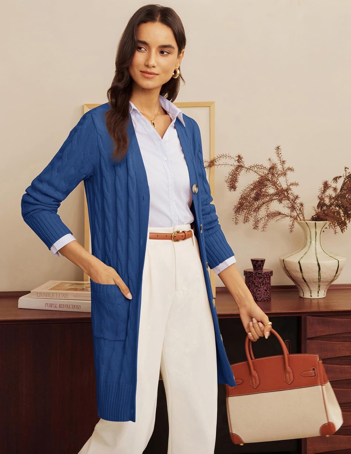 image:imageGRACE KARIN Womens Cable Knit Sweater Button Long Chunky CardiganBlue