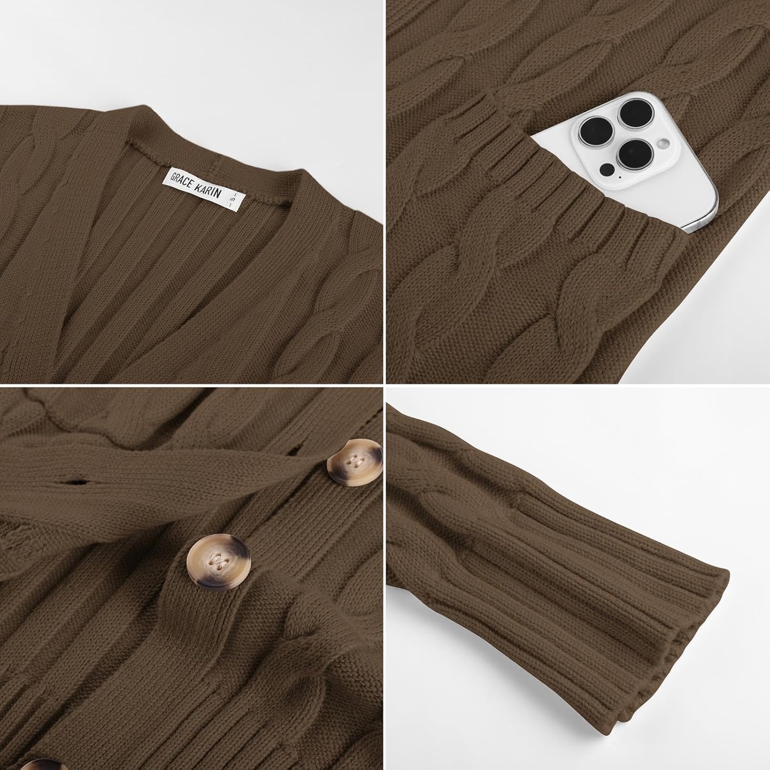image:imageGRACE KARIN Womens Cable Knit Sweater Button Long Chunky CardiganCoffee