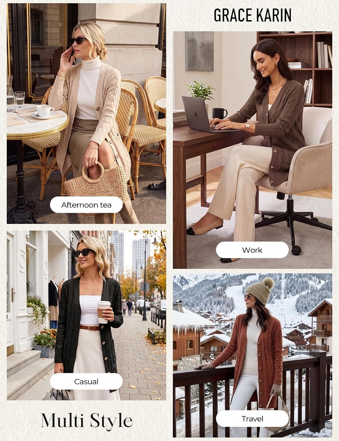image:imageGRACE KARIN Womens Cable Knit Sweater Button Long Chunky CardiganCoffee