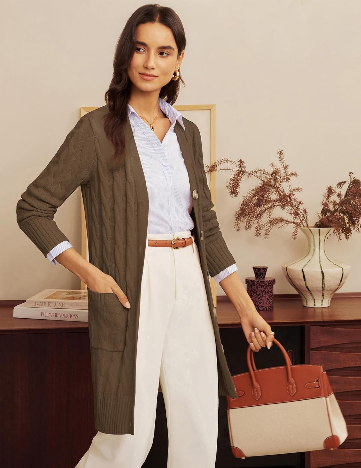 image:imageGRACE KARIN Womens Cable Knit Sweater Button Long Chunky CardiganCoffee