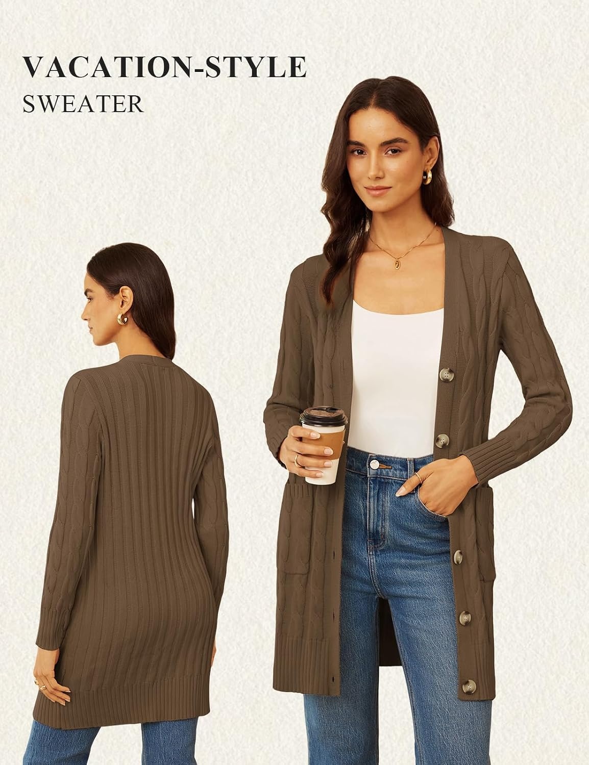 image:imageGRACE KARIN Womens Cable Knit Sweater Button Long Chunky CardiganCoffee