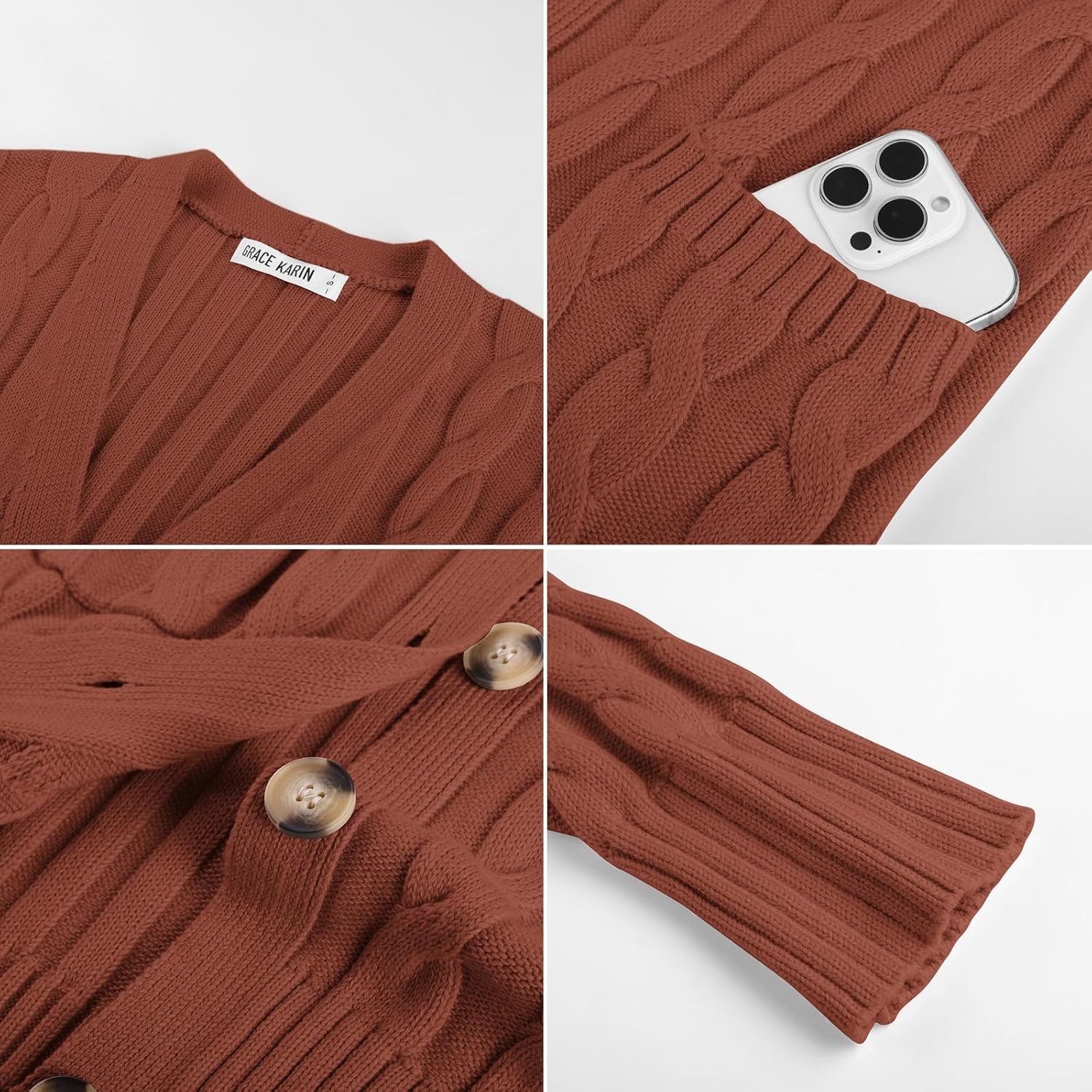 image:imageGRACE KARIN Womens Cable Knit Sweater Button Long Chunky CardiganRed