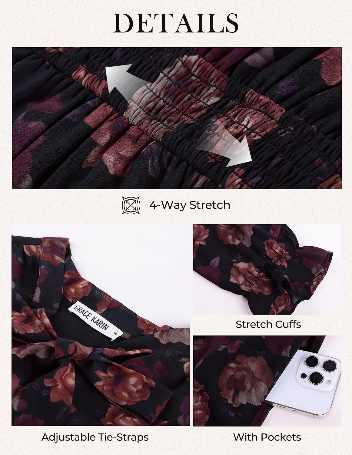 image:imageGRACE KARIN Womens Casual Long Sleeve Chiffon Floral Mini Fall DressesBlack Red
