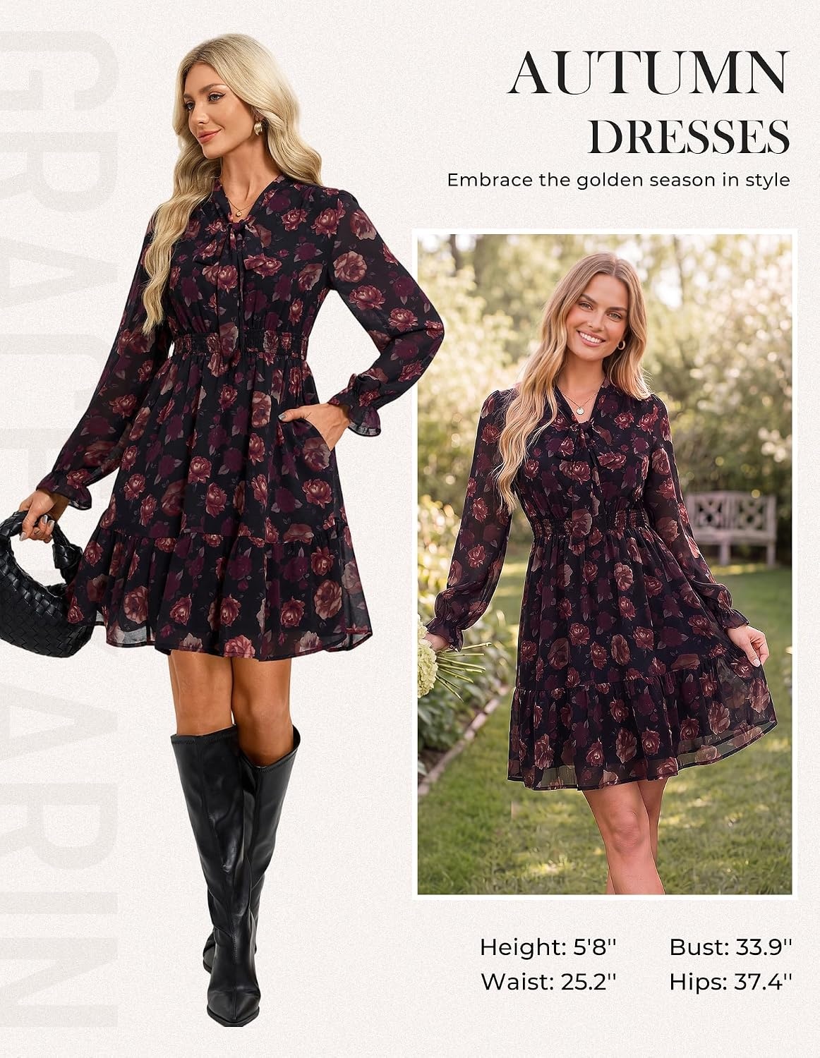 image:imageGRACE KARIN Womens Casual Long Sleeve Chiffon Floral Mini Fall DressesBlack Red