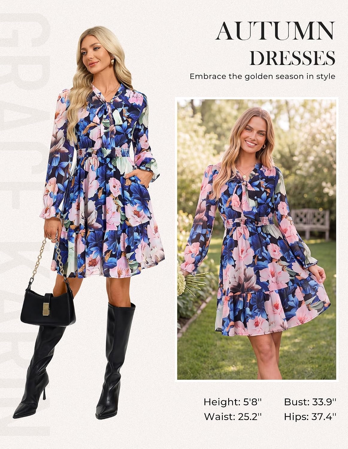 image:imageGRACE KARIN Womens Casual Long Sleeve Chiffon Floral Mini Fall DressesBlue Pink