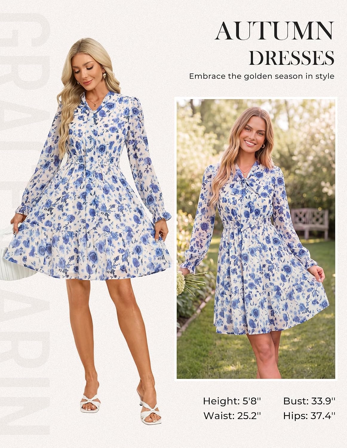 image:imageGRACE KARIN Womens Casual Long Sleeve Chiffon Floral Mini Fall DressesWhite Blue