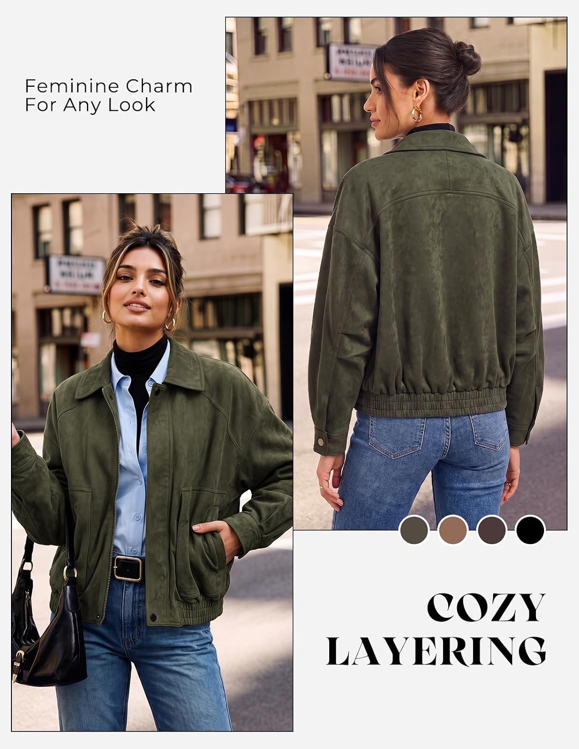 image:imageGRACE KARIN Womens Faux Suede Jacket Fall Long Sleeve CoatArmy Green