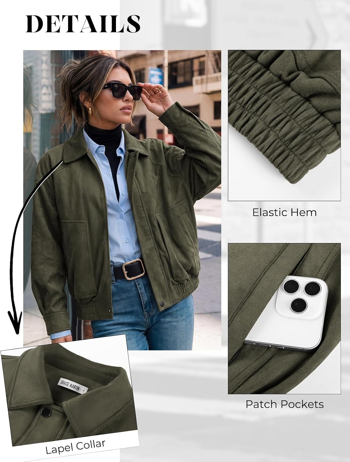 image:imageGRACE KARIN Womens Faux Suede Jacket Fall Long Sleeve CoatArmy Green