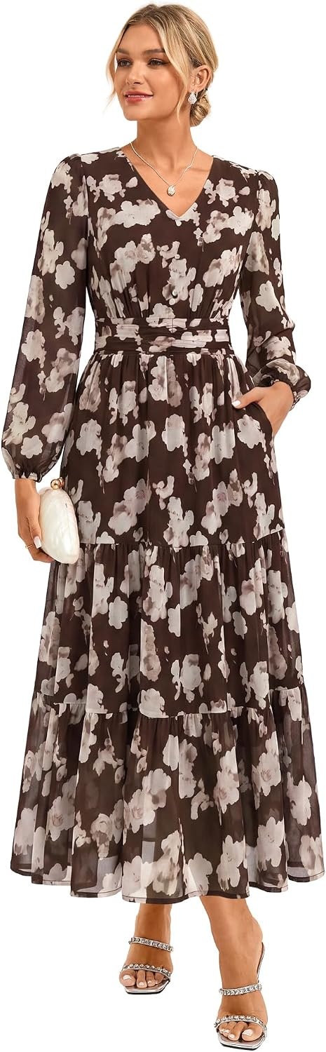 image:imageGRACE KARIN Womens Floral Maxi Dress Long Sleeve Wedding Guest DressesBrown With White Ombre Flowers