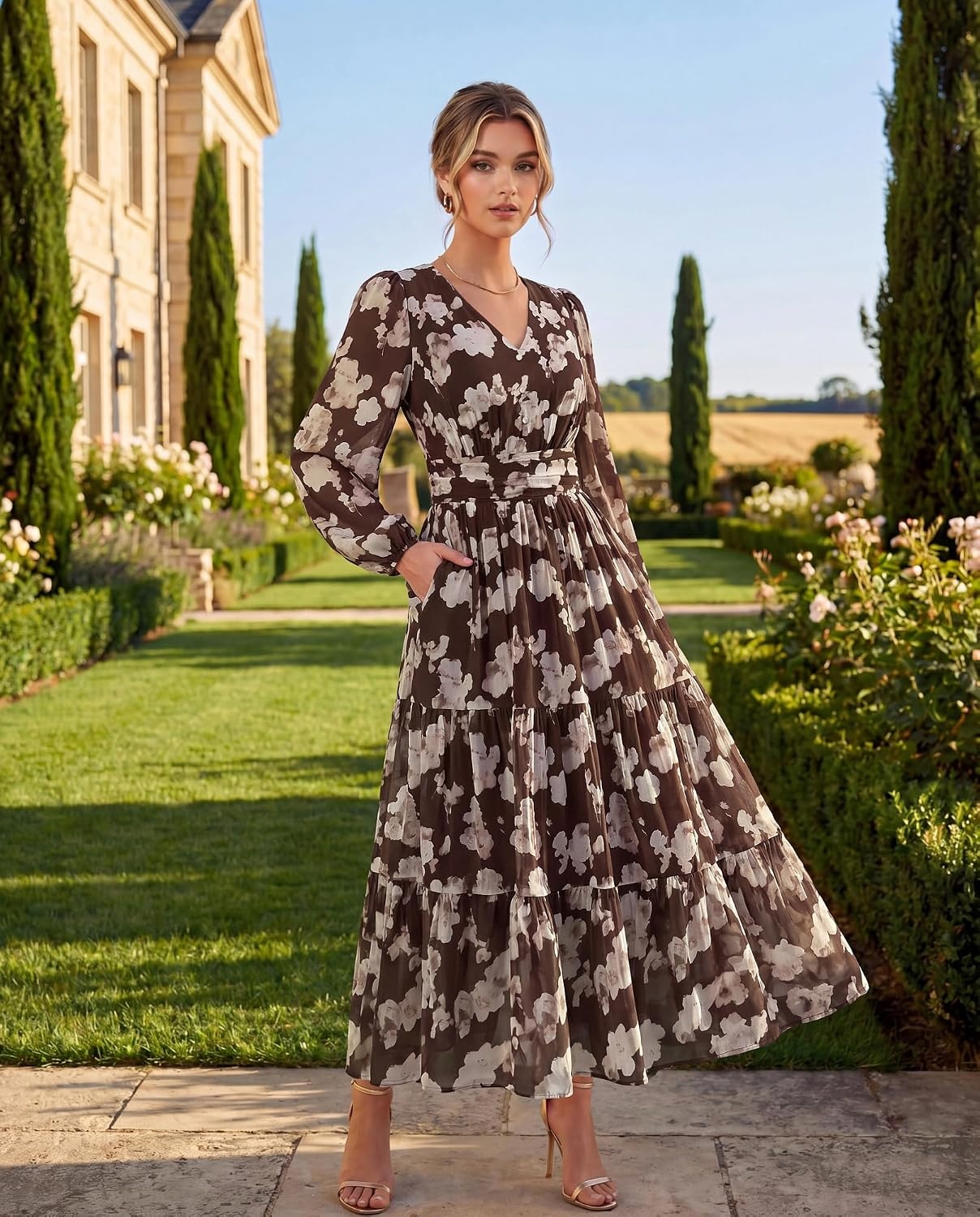 image:imageGRACE KARIN Womens Floral Maxi Dress Long Sleeve Wedding Guest DressesBrown With White Ombre Flowers