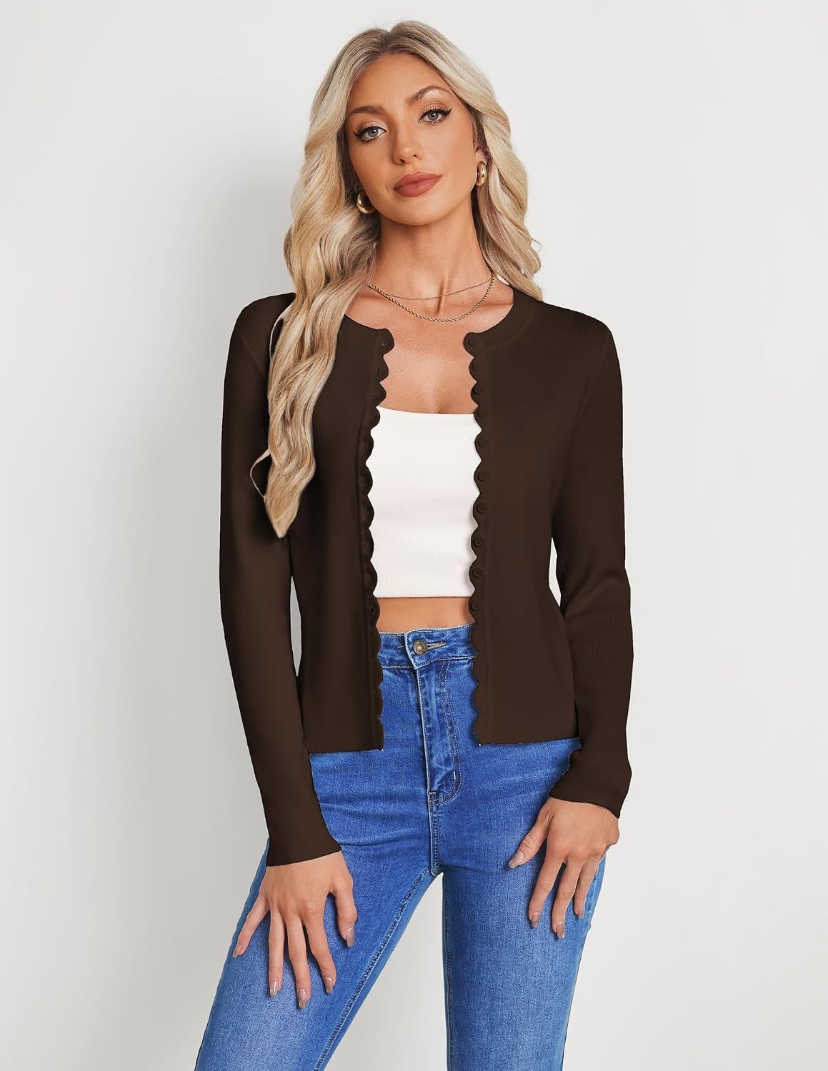 image:imageGRACE KARIN Womens Lightweight Cardigan Sweaters Cropped Button Up Scalloped Fall Outfits for Women 2026Chocolate Brown