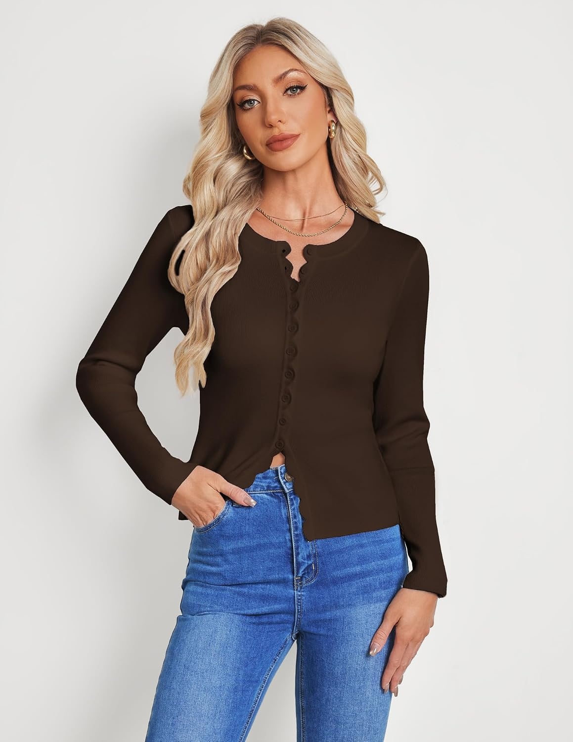 image:imageGRACE KARIN Womens Lightweight Cardigan Sweaters Cropped Button Up Scalloped Fall Outfits for Women 2026Chocolate Brown