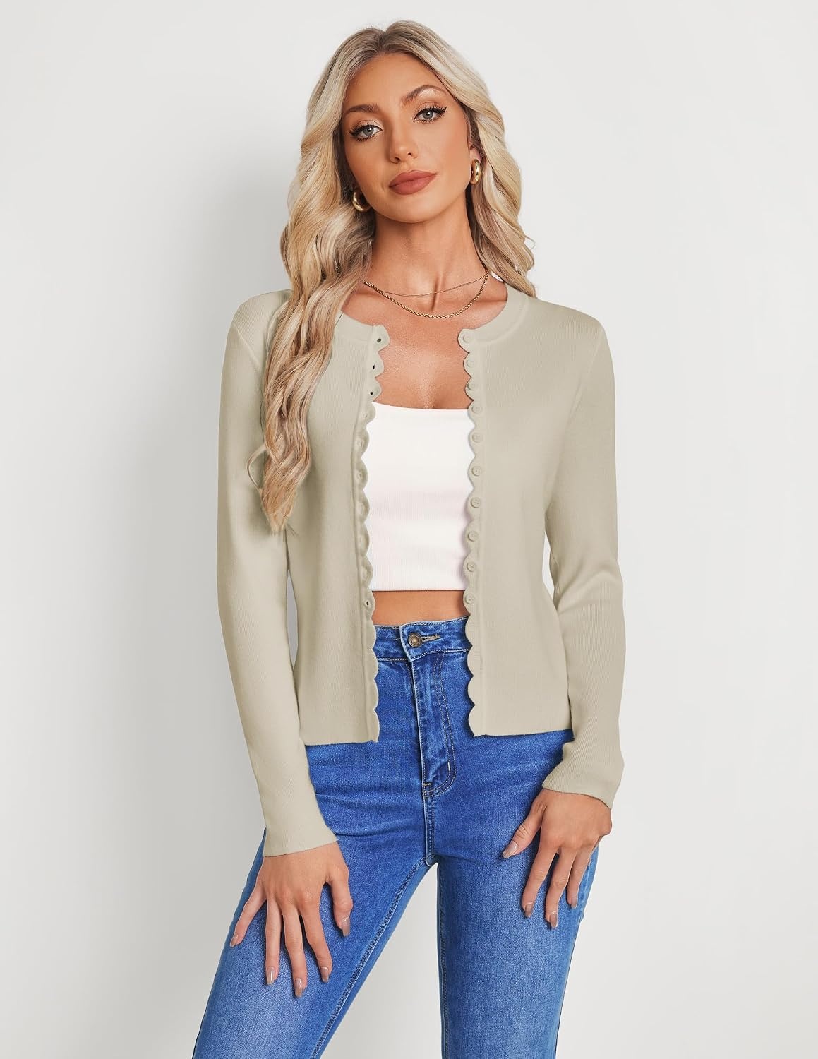 image:imageGRACE KARIN Womens Lightweight Cardigan Sweaters Cropped Button Up Scalloped Fall Outfits for Women 2026Cream Apricot