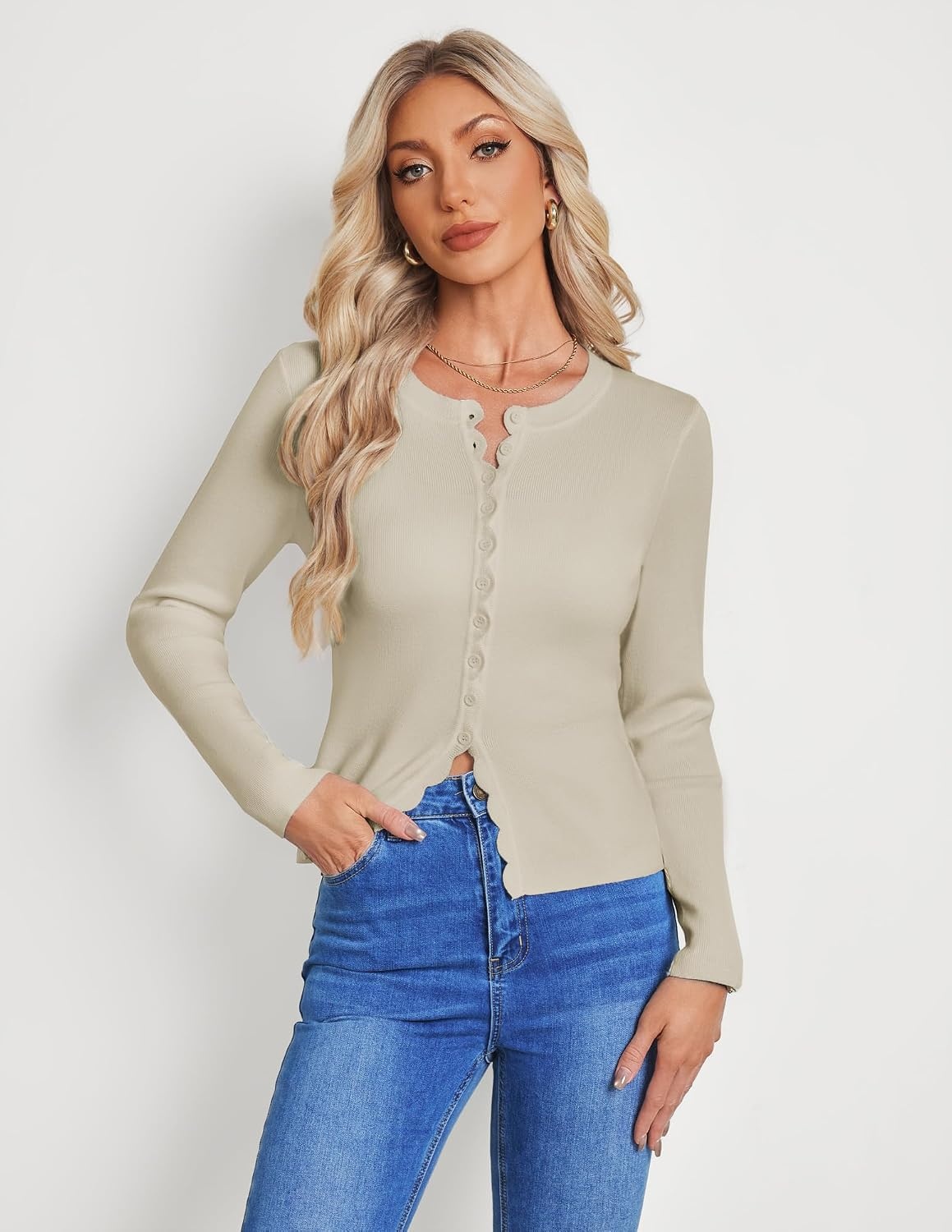 image:imageGRACE KARIN Womens Lightweight Cardigan Sweaters Cropped Button Up Scalloped Fall Outfits for Women 2026Cream Apricot