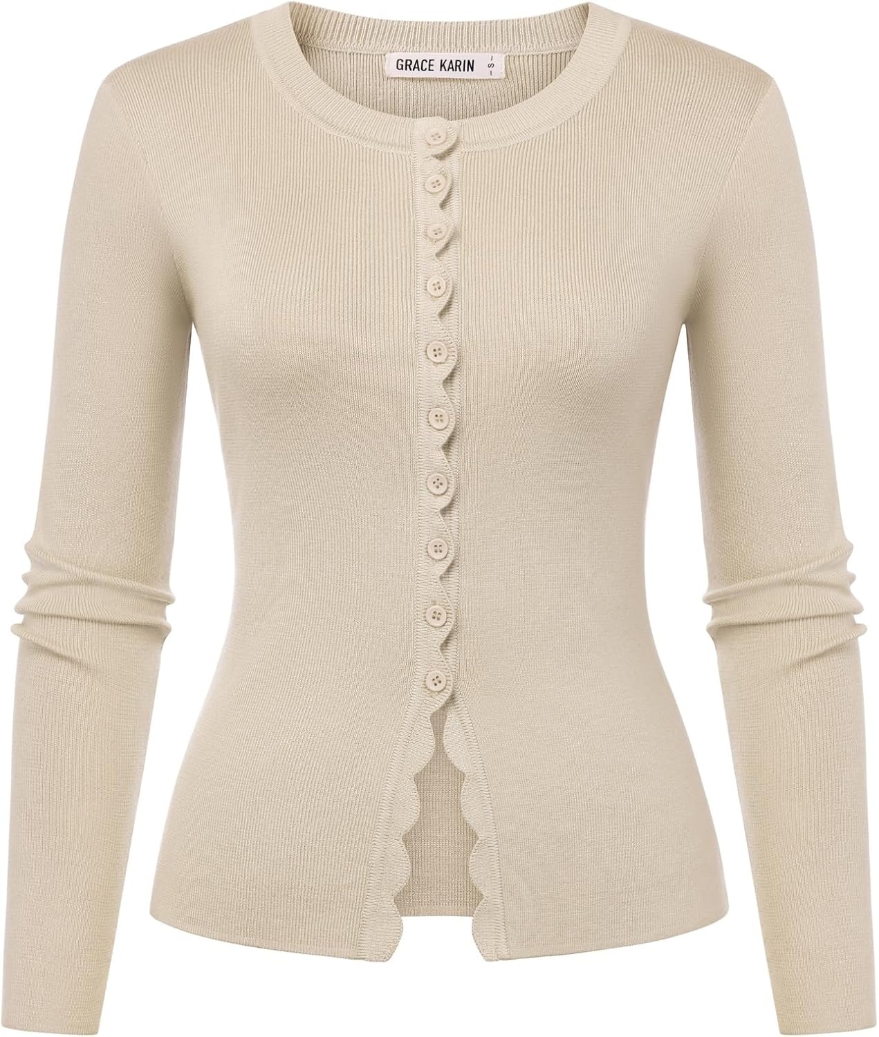 image:imageGRACE KARIN Womens Lightweight Cardigan Sweaters Cropped Button Up Scalloped Fall Outfits for Women 2026Cream Apricot