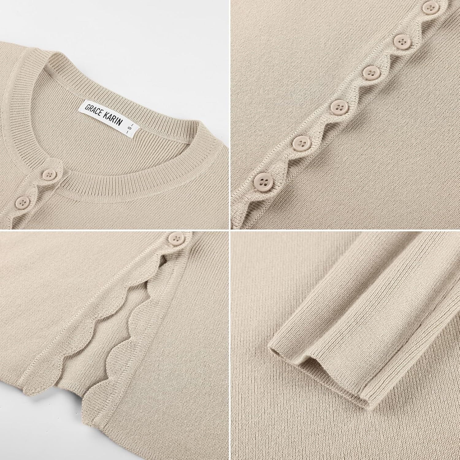 image:imageGRACE KARIN Womens Lightweight Cardigan Sweaters Cropped Button Up Scalloped Fall Outfits for Women 2026Cream Apricot