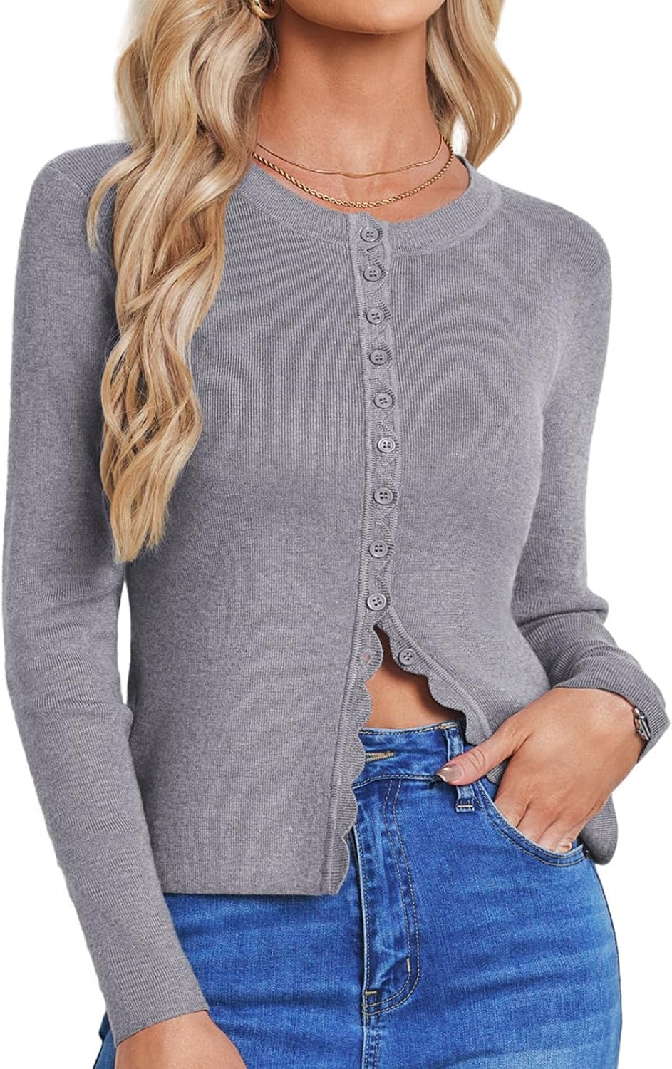 image:imageGRACE KARIN Womens Lightweight Cardigan Sweaters Cropped Button Up Scalloped Fall Outfits for Women 2026Grey