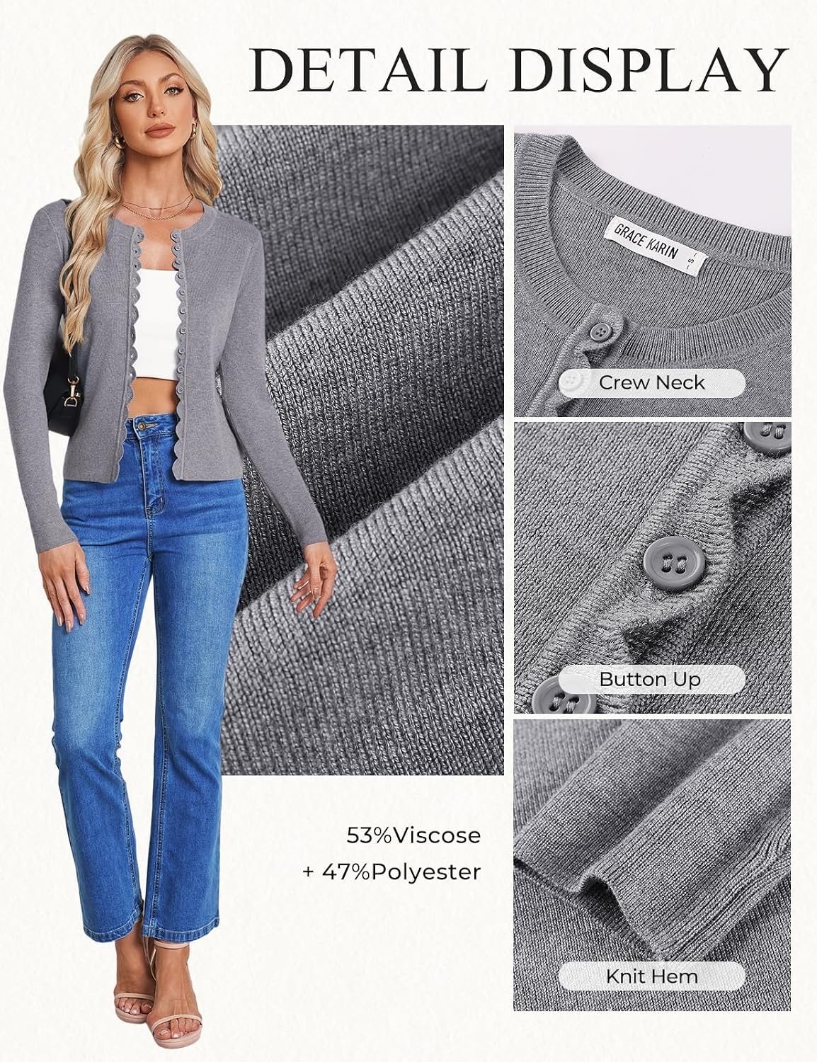 image:imageGRACE KARIN Womens Lightweight Cardigan Sweaters Cropped Button Up Scalloped Fall Outfits for Women 2026Grey