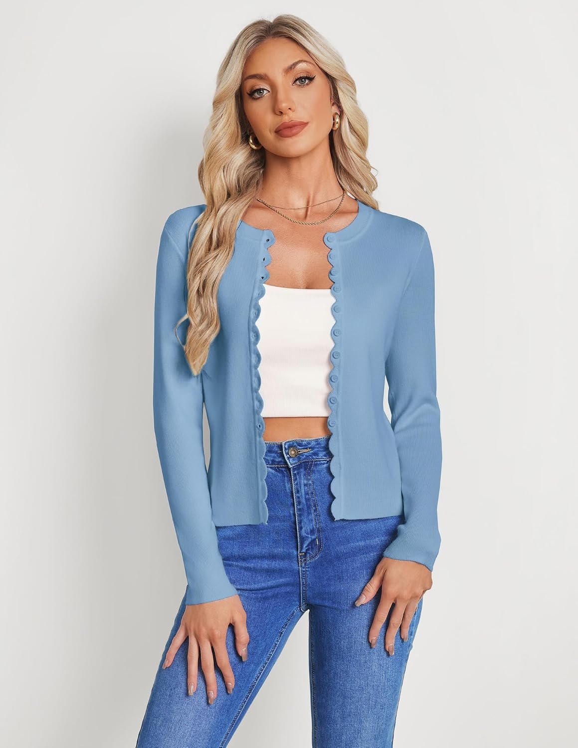 image:imageGRACE KARIN Womens Lightweight Cardigan Sweaters Cropped Button Up Scalloped Fall Outfits for Women 2026Light Blue