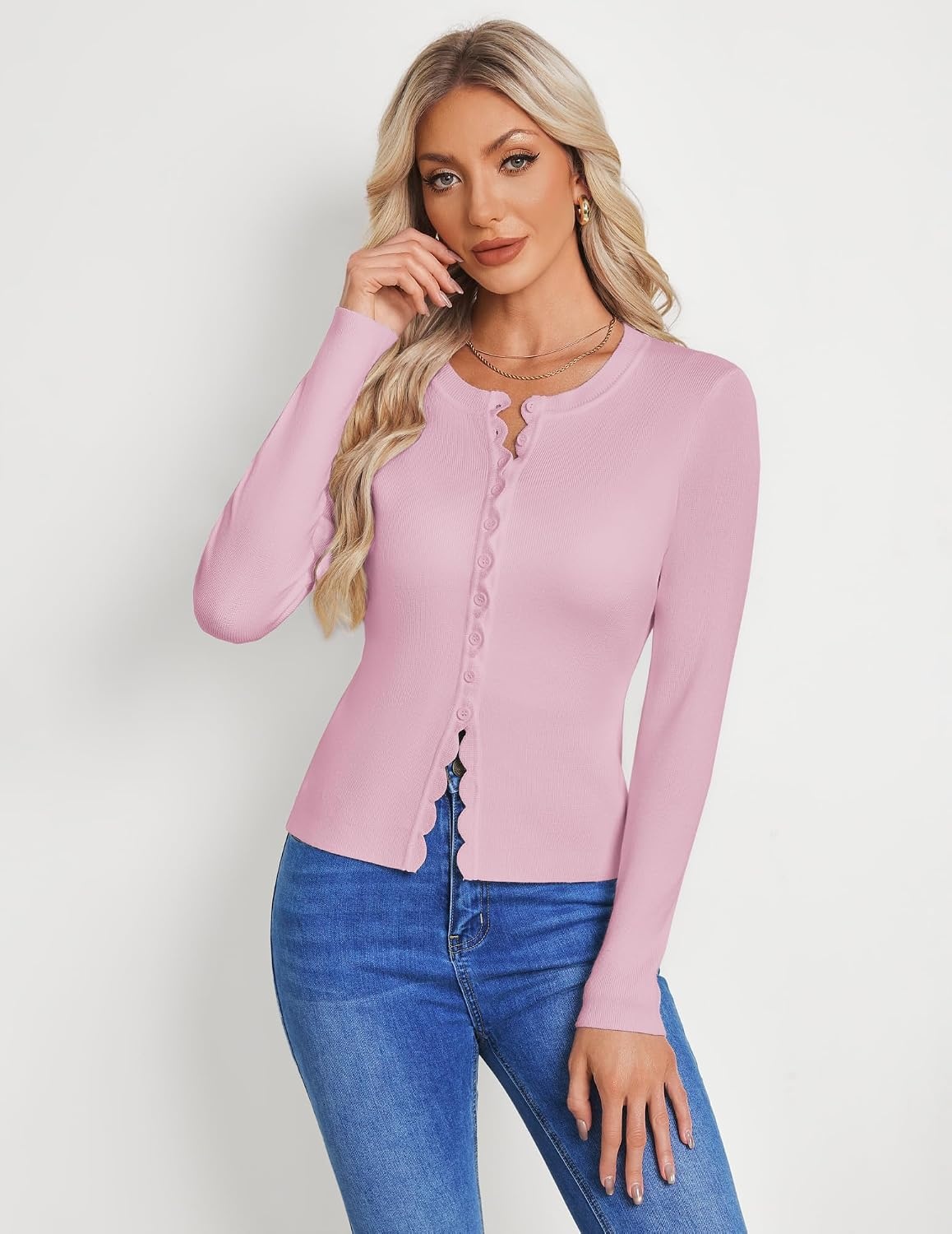 image:imageGRACE KARIN Womens Lightweight Cardigan Sweaters Cropped Button Up Scalloped Fall Outfits for Women 2026Pink