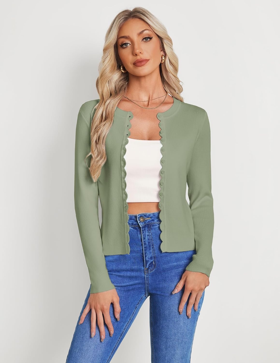 image:imageGRACE KARIN Womens Lightweight Cardigan Sweaters Cropped Button Up Scalloped Fall Outfits for Women 2026Sage Green