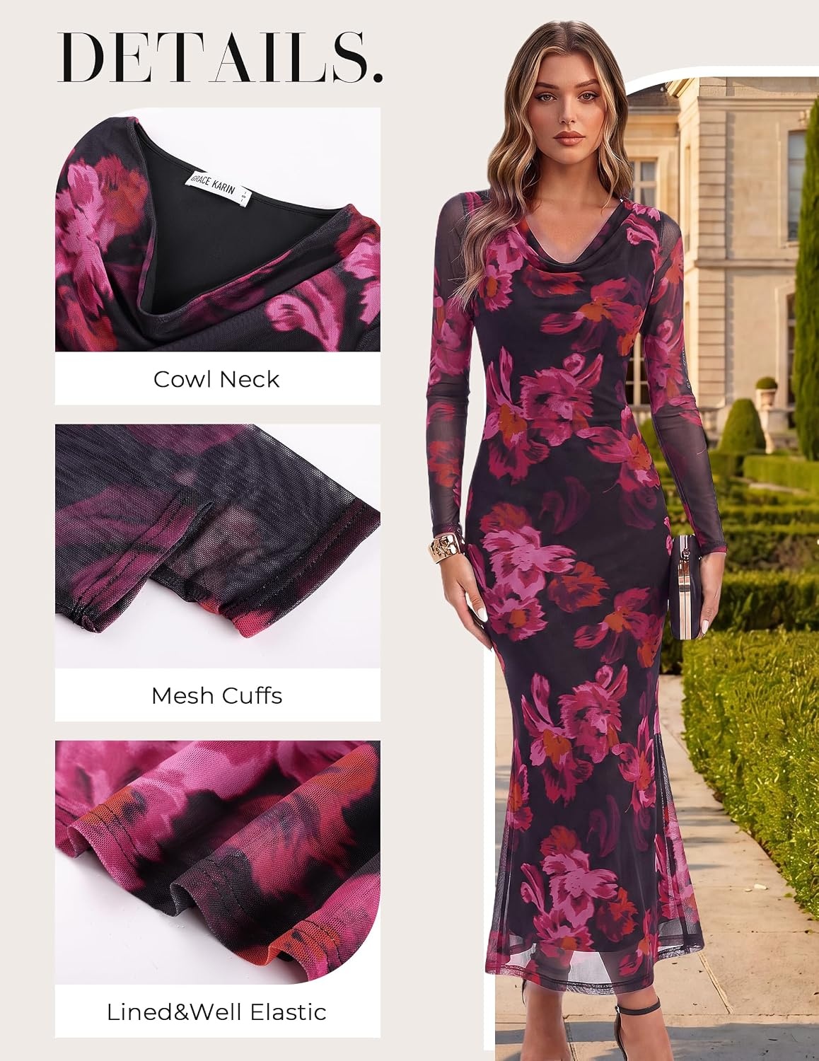 image:imageGRACE KARIN Womens Long Sleeve Floral Wedding Guest Maxi DressBlack