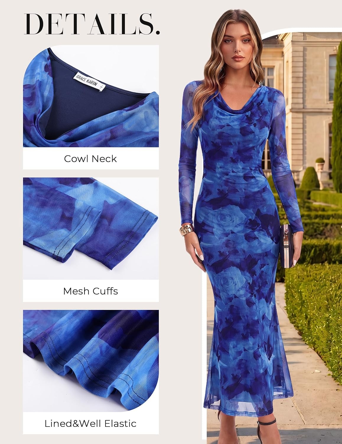 image:imageGRACE KARIN Womens Long Sleeve Floral Wedding Guest Maxi DressBlue