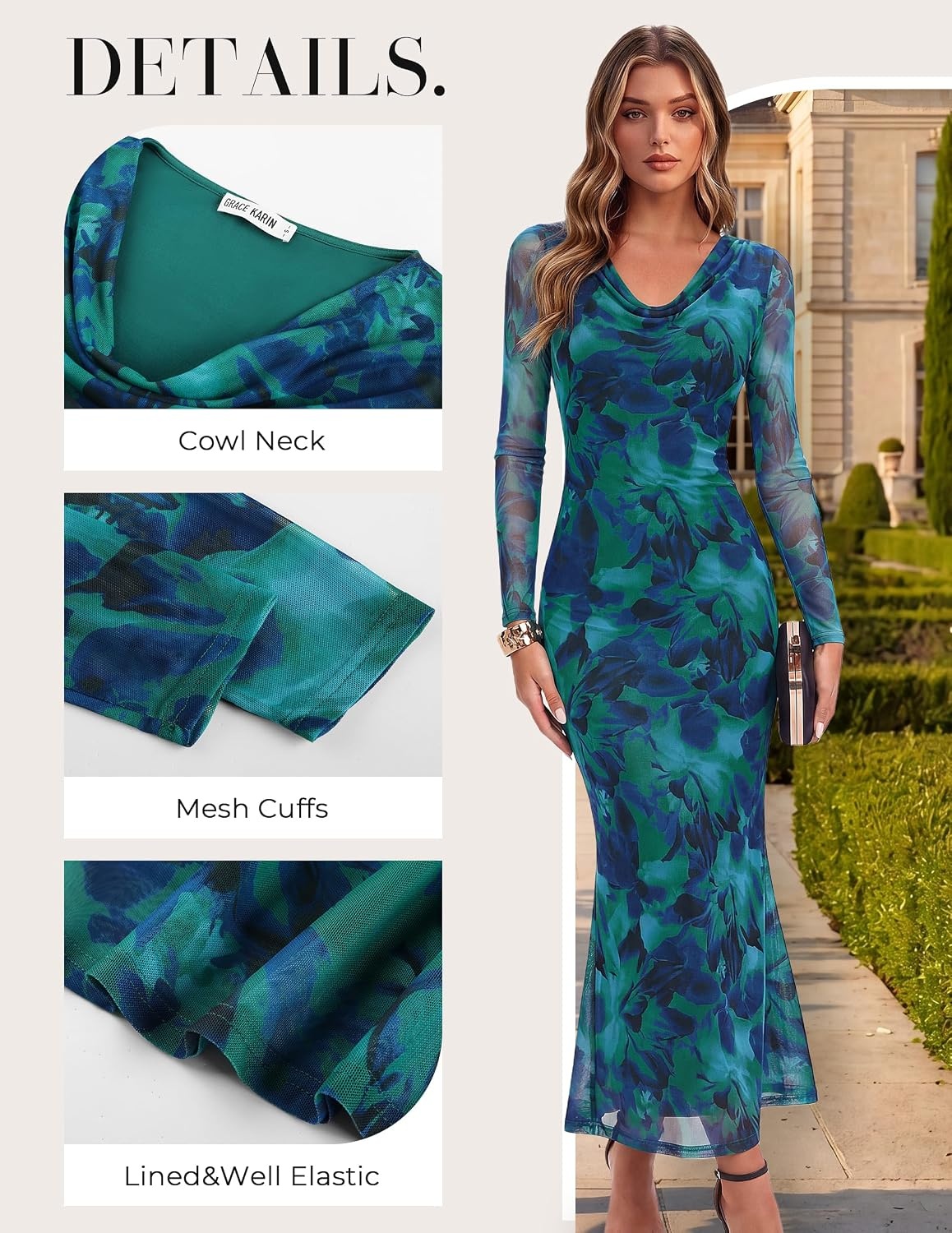 image:imageGRACE KARIN Womens Long Sleeve Floral Wedding Guest Maxi DressBlue Green