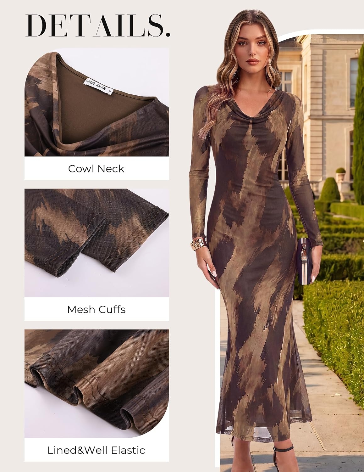 image:imageGRACE KARIN Womens Long Sleeve Floral Wedding Guest Maxi DressBrown