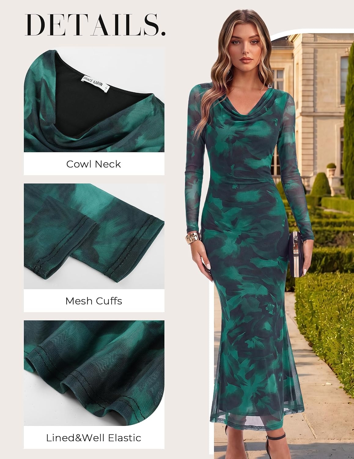 image:imageGRACE KARIN Womens Long Sleeve Floral Wedding Guest Maxi DressGreen