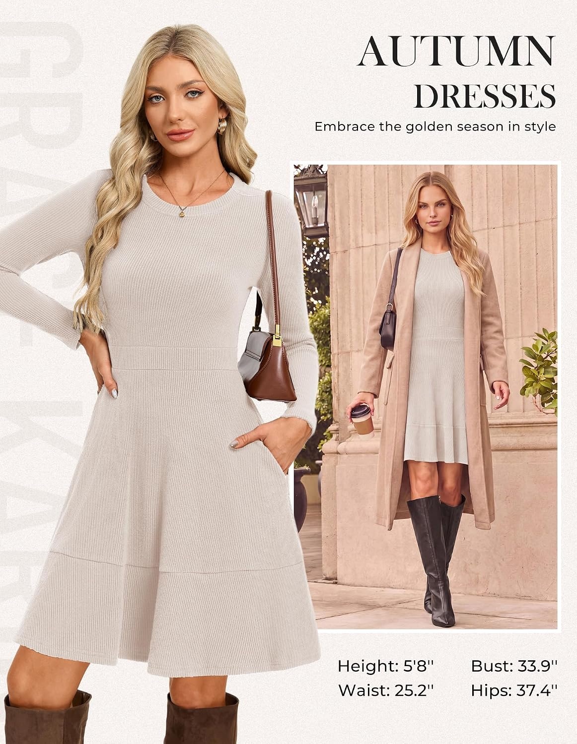 image:imageGRACE KARIN Womens Long Sleeve Ribbed Knit Mini Sweater Dress with PocketsBeige