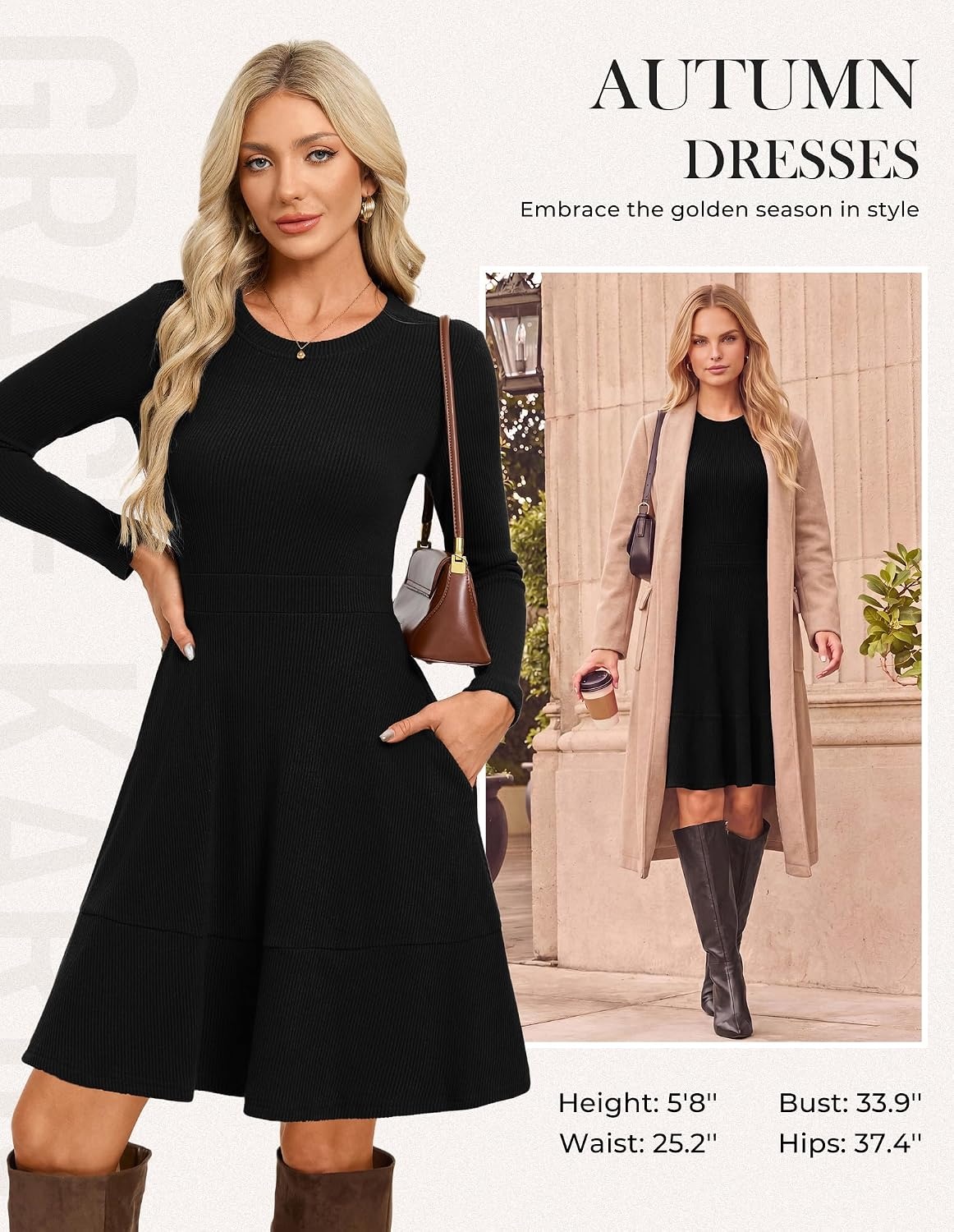 image:imageGRACE KARIN Womens Long Sleeve Ribbed Knit Mini Sweater Dress with PocketsBlack
