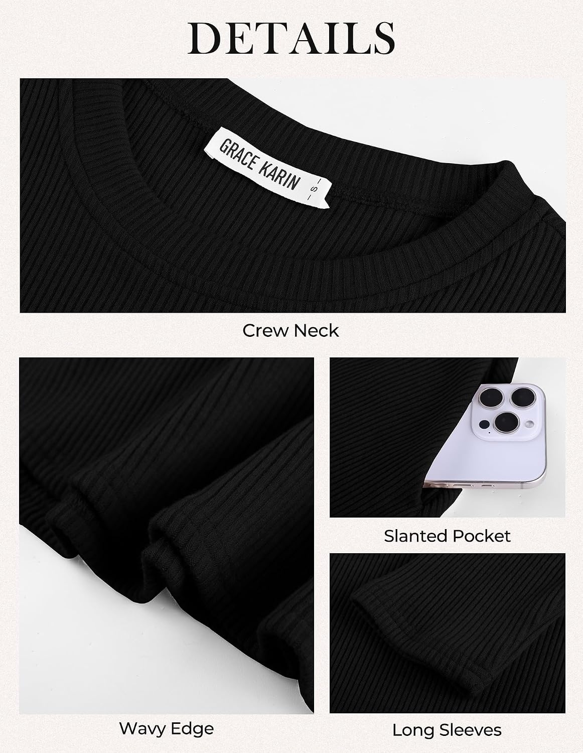 image:imageGRACE KARIN Womens Long Sleeve Ribbed Knit Mini Sweater Dress with PocketsBlack