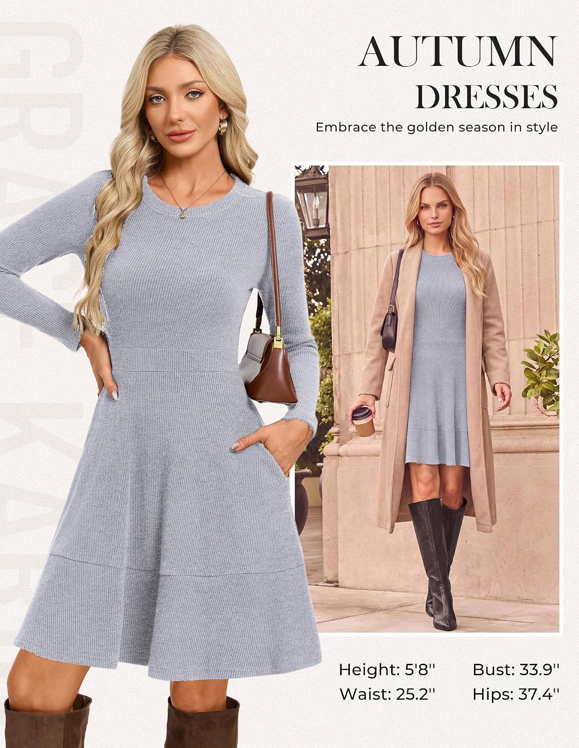 image:imageGRACE KARIN Womens Long Sleeve Ribbed Knit Mini Sweater Dress with PocketsLight Gray Blue