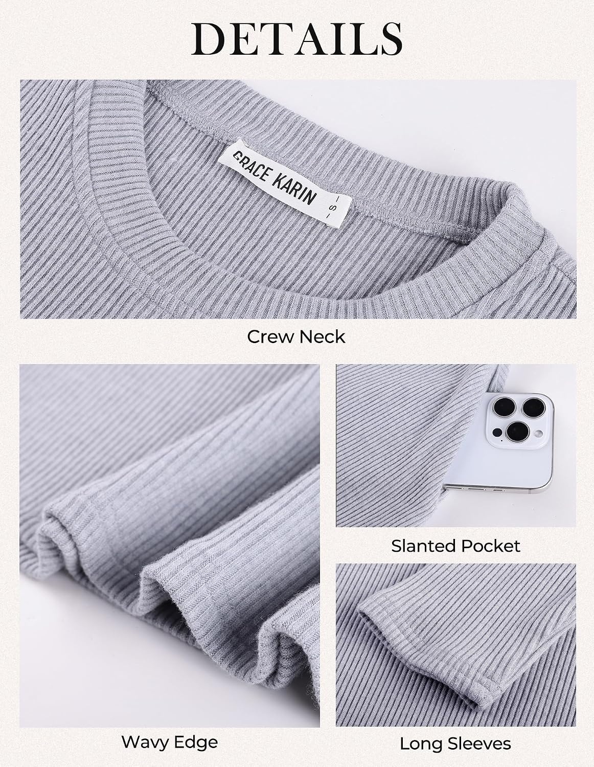 image:imageGRACE KARIN Womens Long Sleeve Ribbed Knit Mini Sweater Dress with PocketsLight Gray Blue