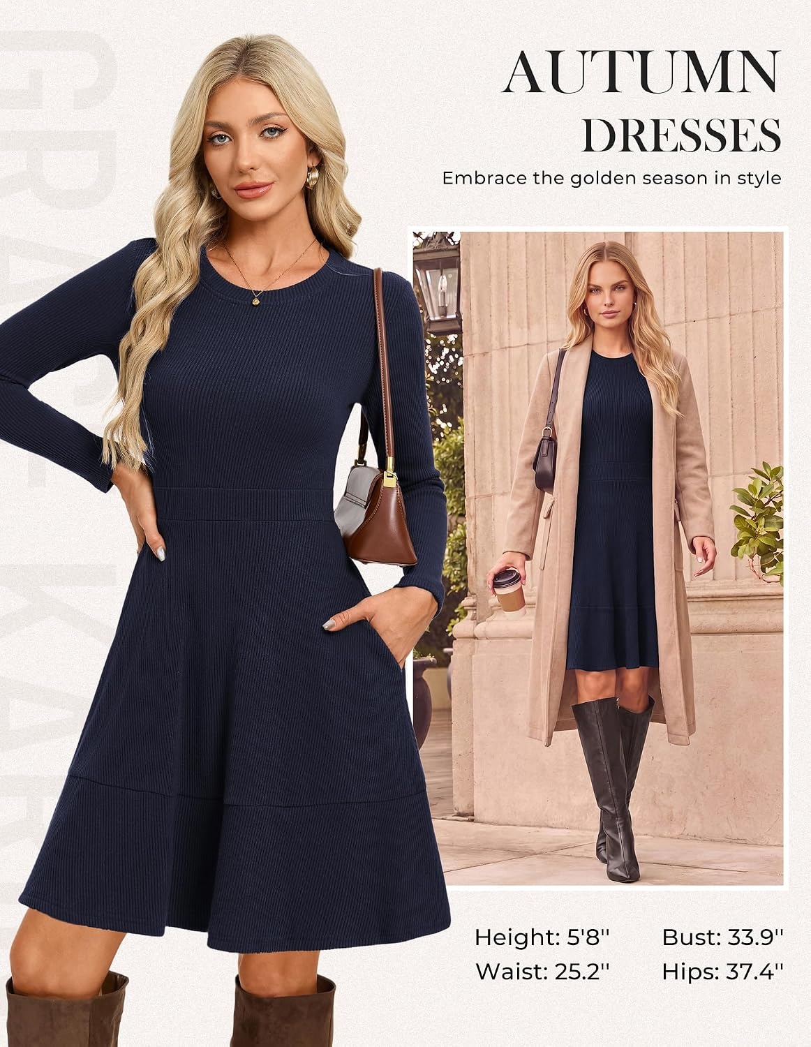 image:imageGRACE KARIN Womens Long Sleeve Ribbed Knit Mini Sweater Dress with PocketsNavy Blue