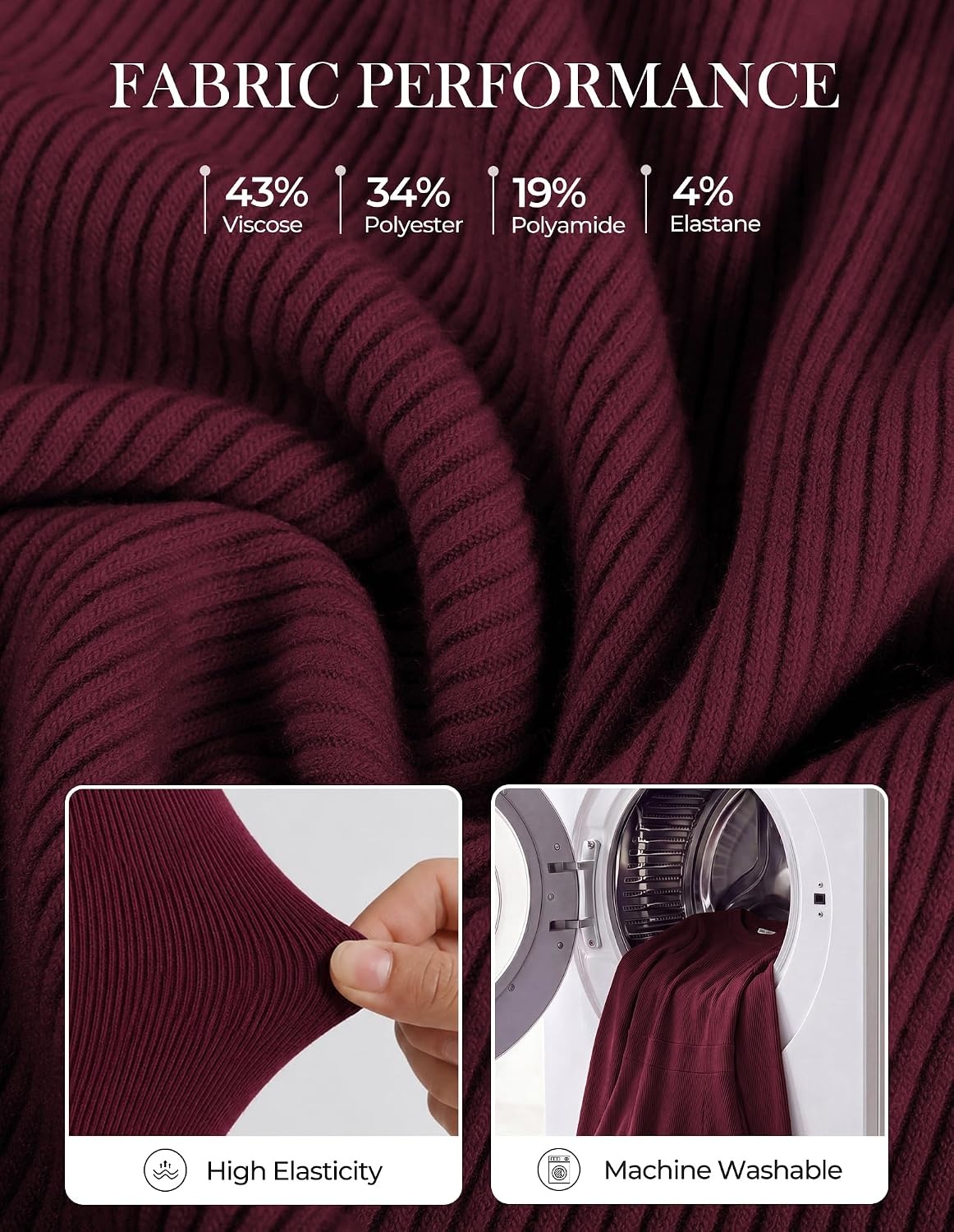 image:imageGRACE KARIN Womens Long Sleeve Ribbed Knit Mini Sweater Dress with PocketsWine Red