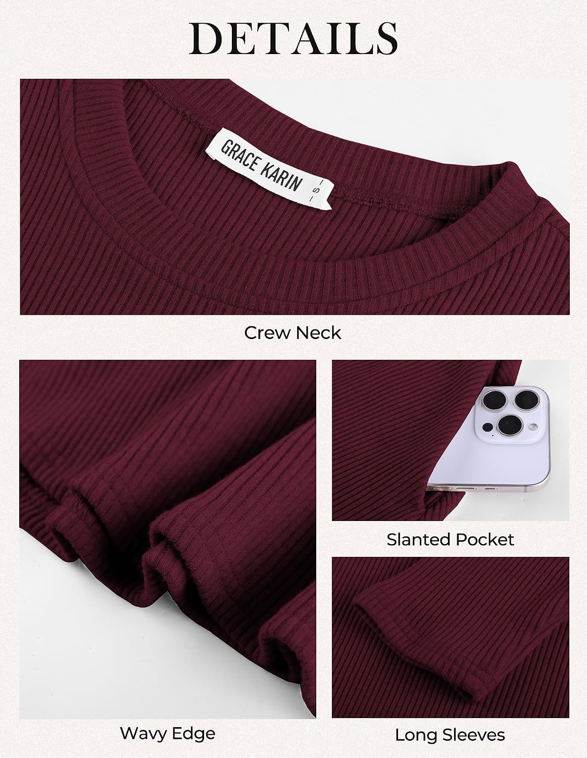 image:imageGRACE KARIN Womens Long Sleeve Ribbed Knit Mini Sweater Dress with PocketsWine Red