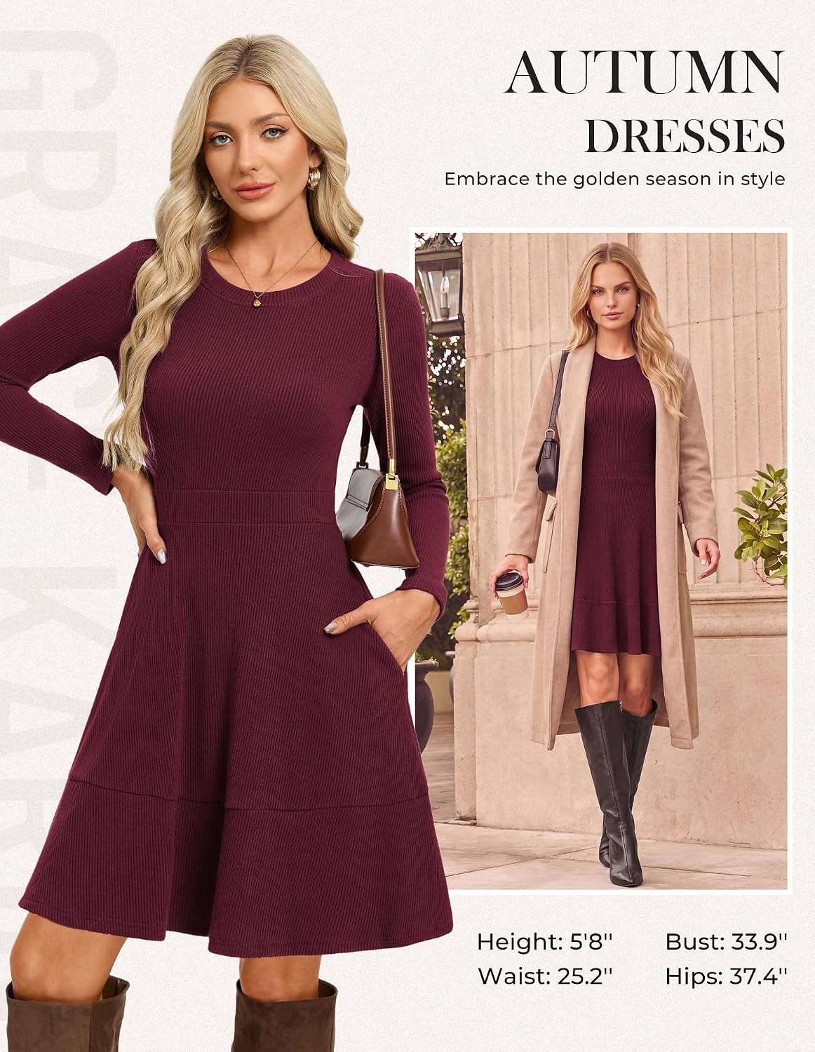 image:imageGRACE KARIN Womens Long Sleeve Ribbed Knit Mini Sweater Dress with PocketsWine Red