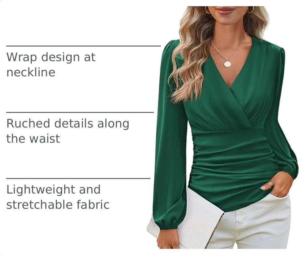 image:imageGRACE KARIN Womens Long Sleeve Tops Dressy Casual Wrap Fall BlousesDark Green