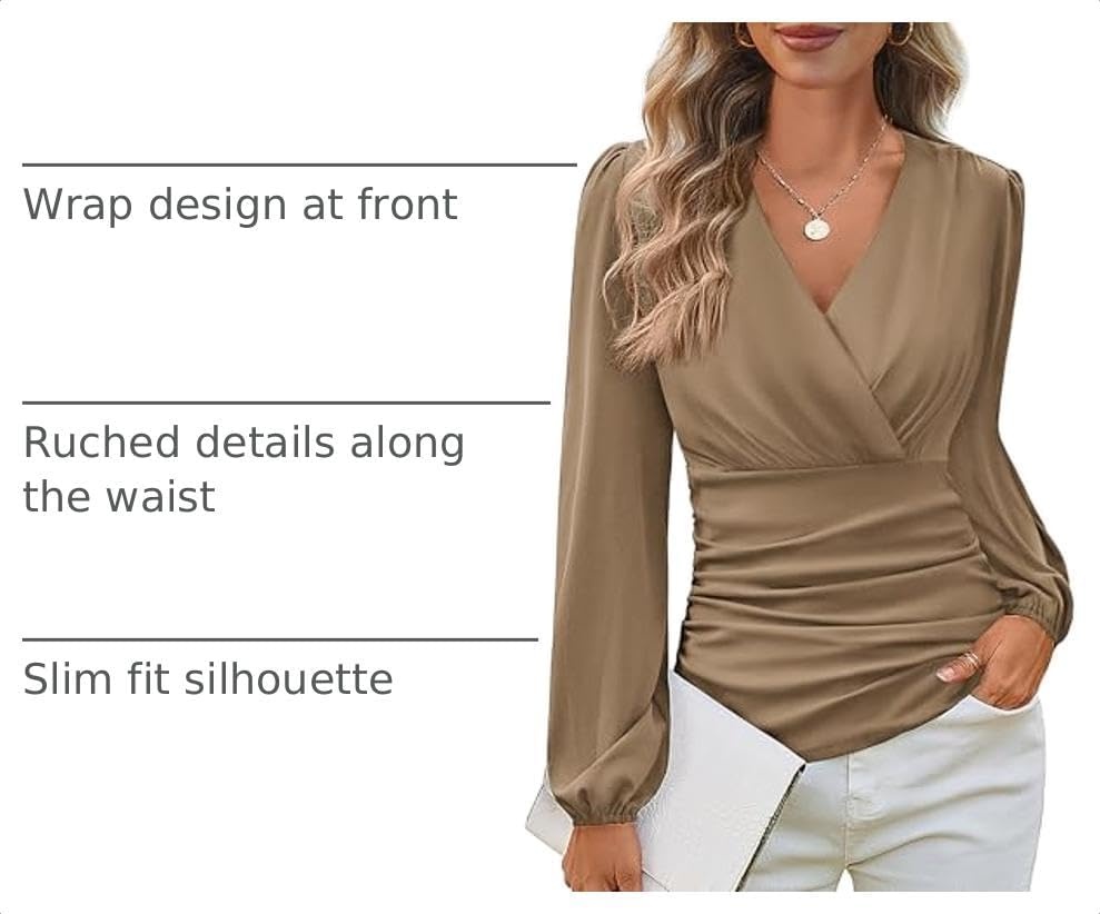 image:imageGRACE KARIN Womens Long Sleeve Tops Dressy Casual Wrap Fall BlousesKhaki