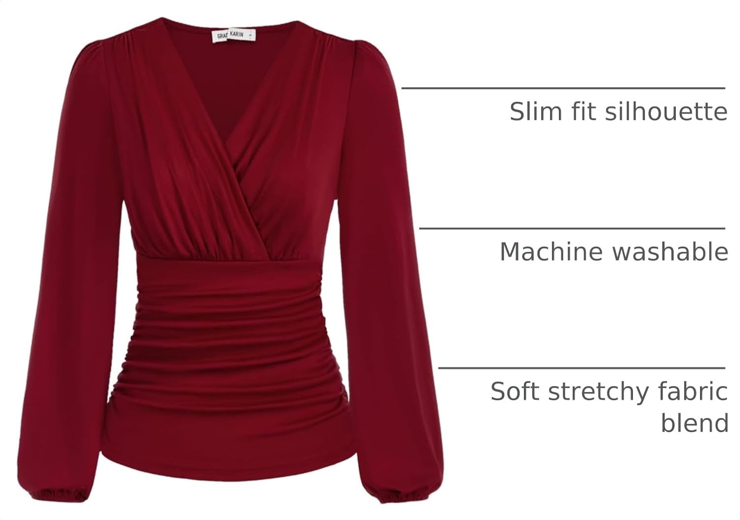 image:imageGRACE KARIN Womens Long Sleeve Tops Dressy Casual Wrap Fall BlousesWine Red