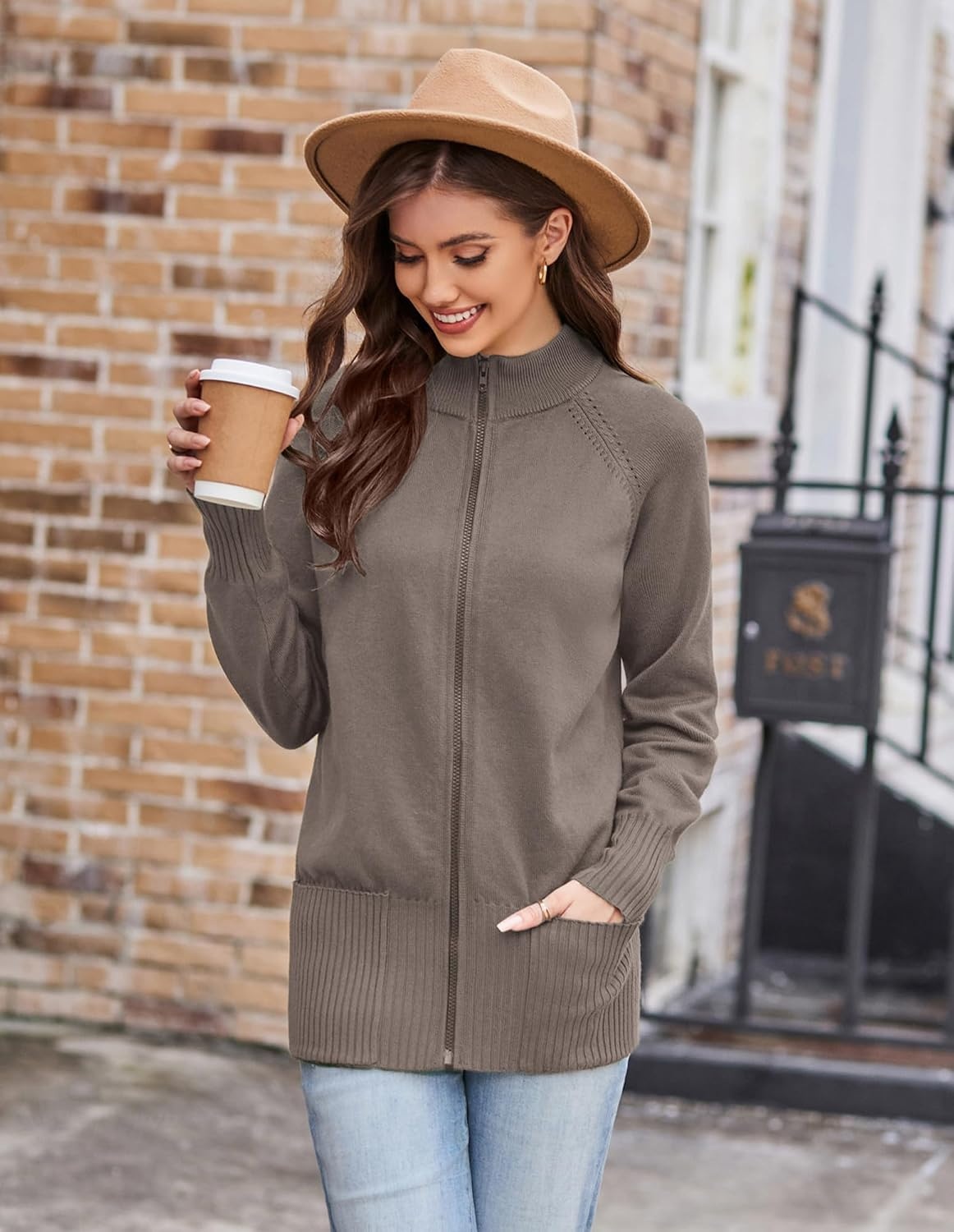 image:imageGRACE KARIN Womens Long Sleeve Zip Up Knit Cardigan with Pockets Stand Collar Full Zip Sweater Coats Trendy Fall JacketsGrey Khaki