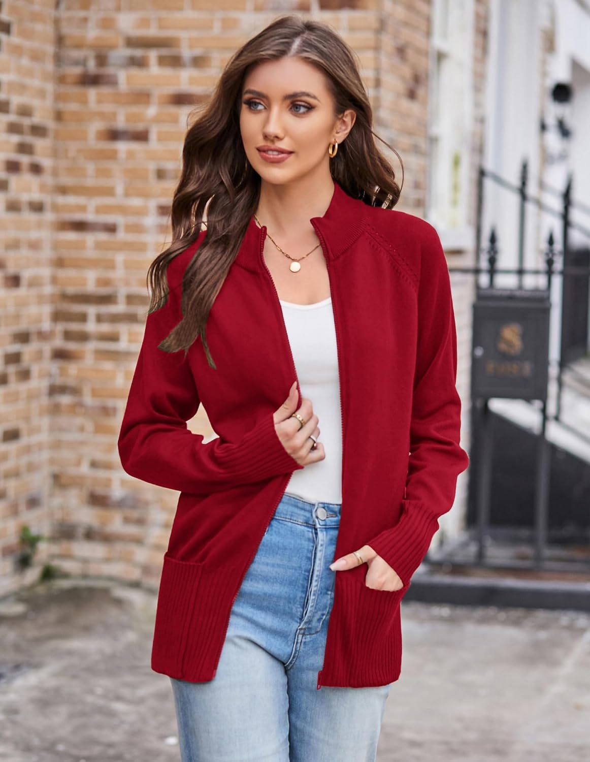 image:imageGRACE KARIN Womens Long Sleeve Zip Up Knit Cardigan with Pockets Stand Collar Full Zip Sweater Coats Trendy Fall JacketsRed