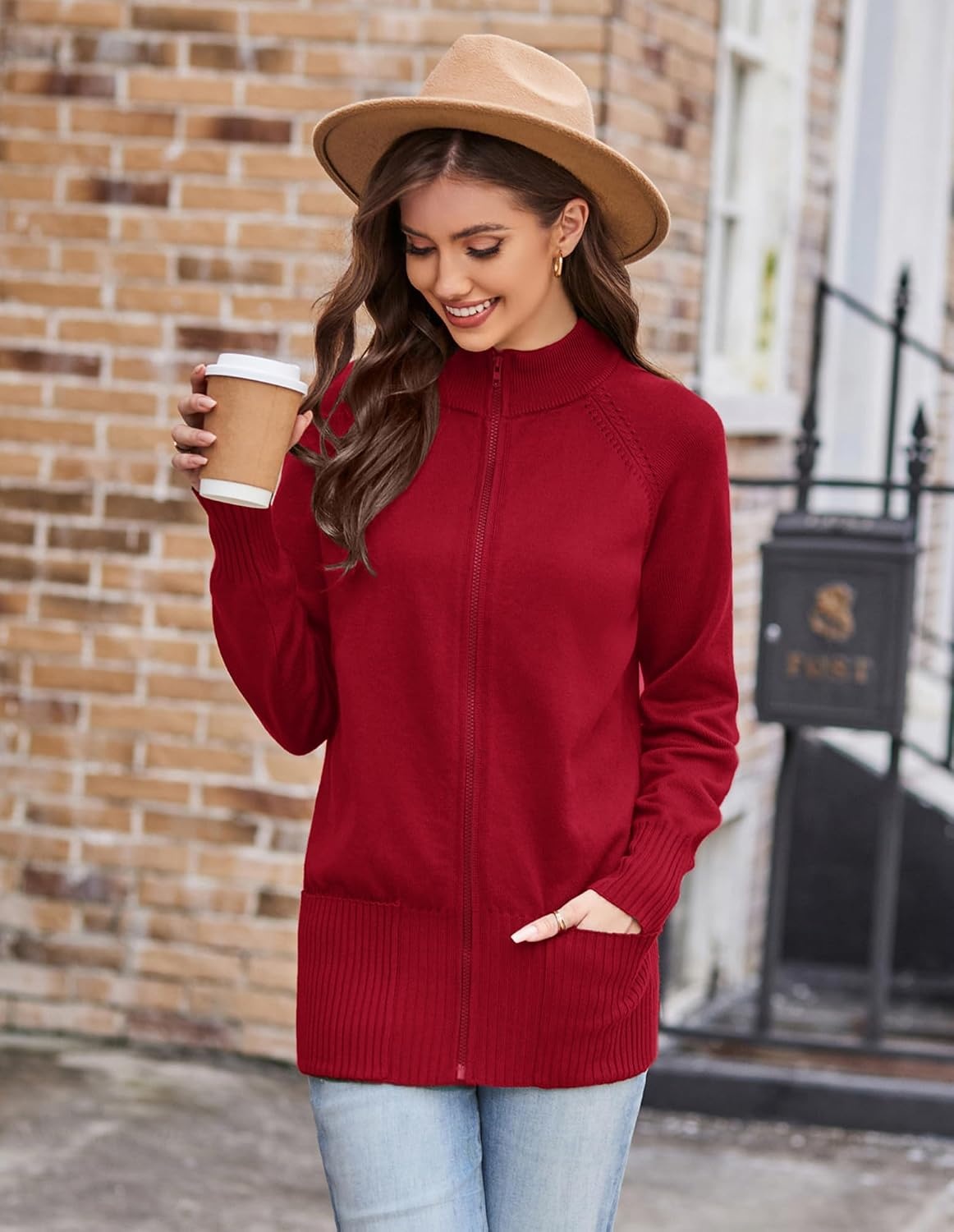 image:imageGRACE KARIN Womens Long Sleeve Zip Up Knit Cardigan with Pockets Stand Collar Full Zip Sweater Coats Trendy Fall JacketsRed