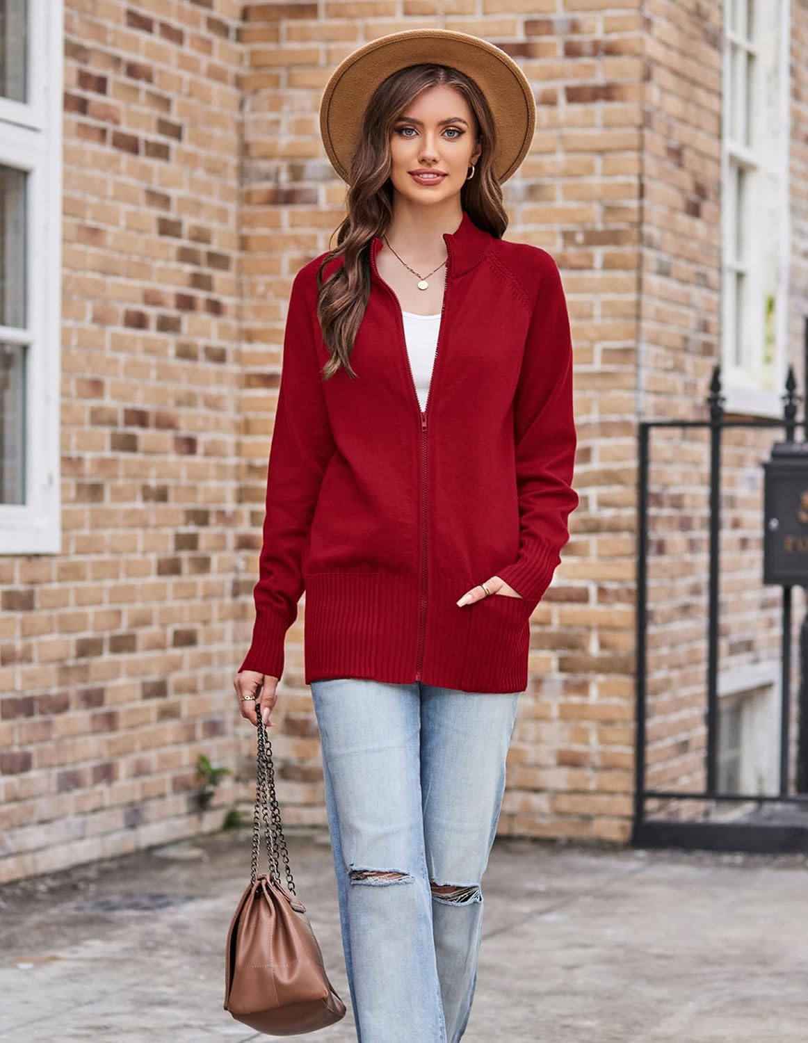 image:imageGRACE KARIN Womens Long Sleeve Zip Up Knit Cardigan with Pockets Stand Collar Full Zip Sweater Coats Trendy Fall JacketsRed